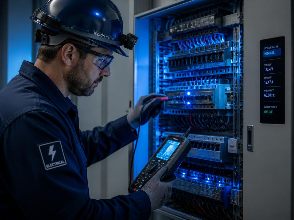 Professional electrician in uniform working on a modern electrical panel with diagnostic tools in Lucknow